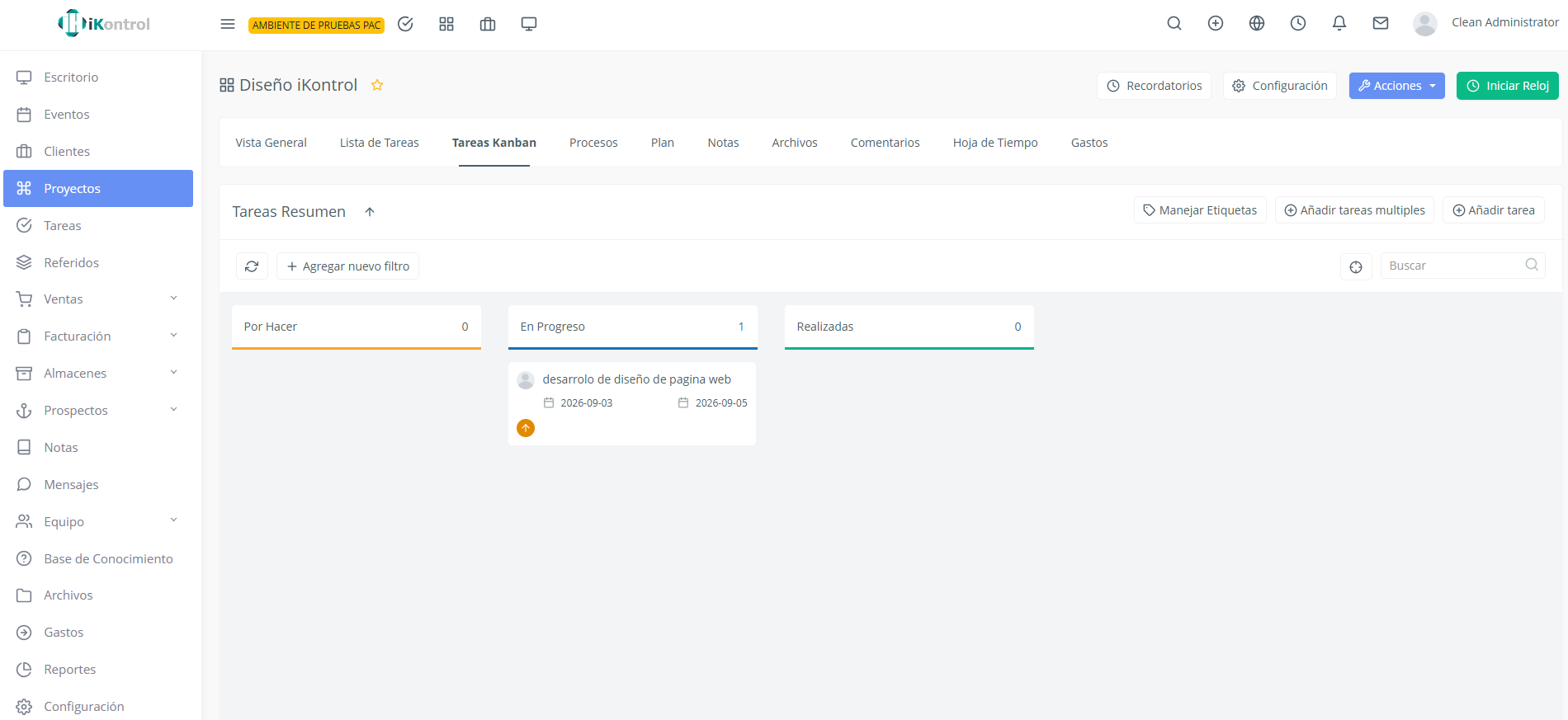 Tablero Kanban real de iKontrol